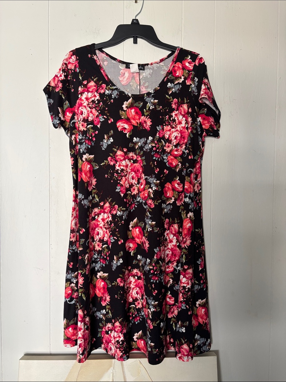 French Atmosphere Black Mini Dress with Pink Floral Print